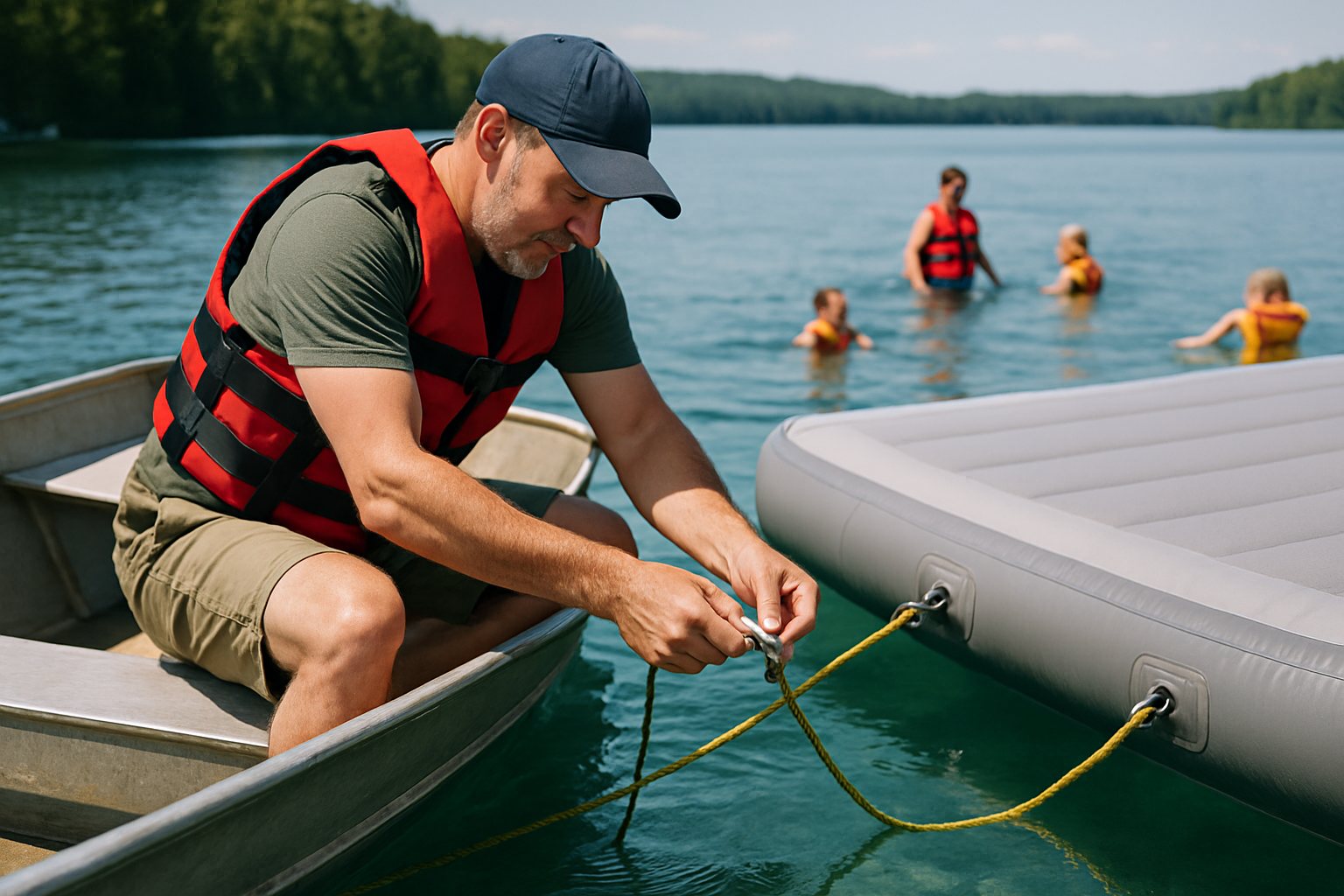 A man securing anchor lines to an inflatable dock from a small boat