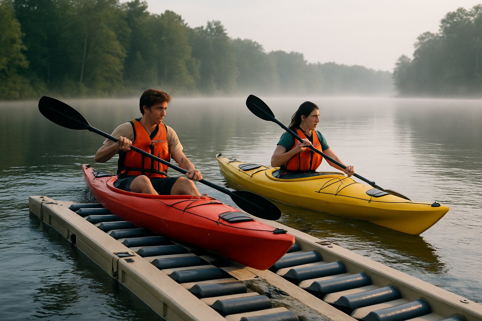 Kayakers launching from a floating kayak launch