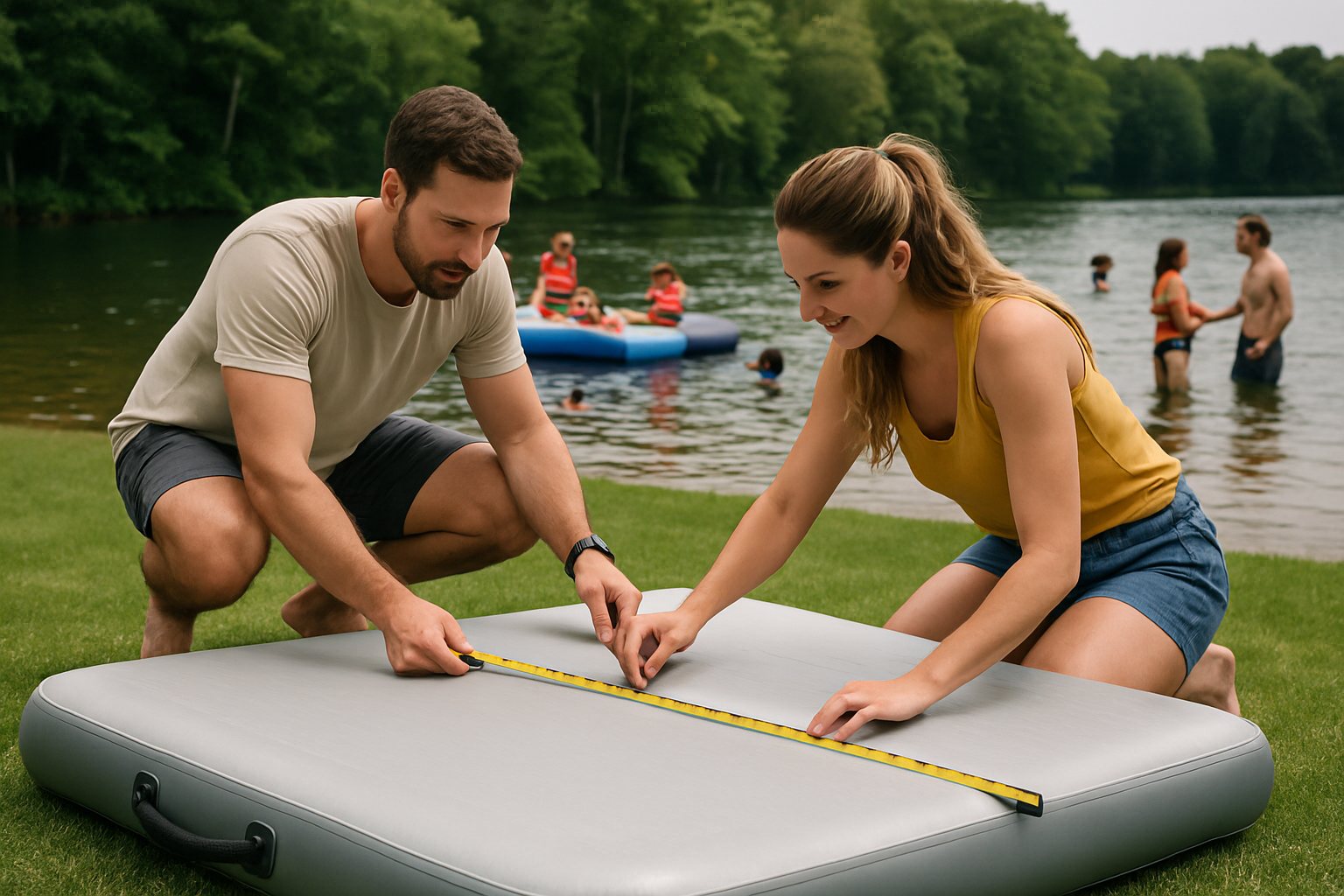 Couple measuring an inflatable dock