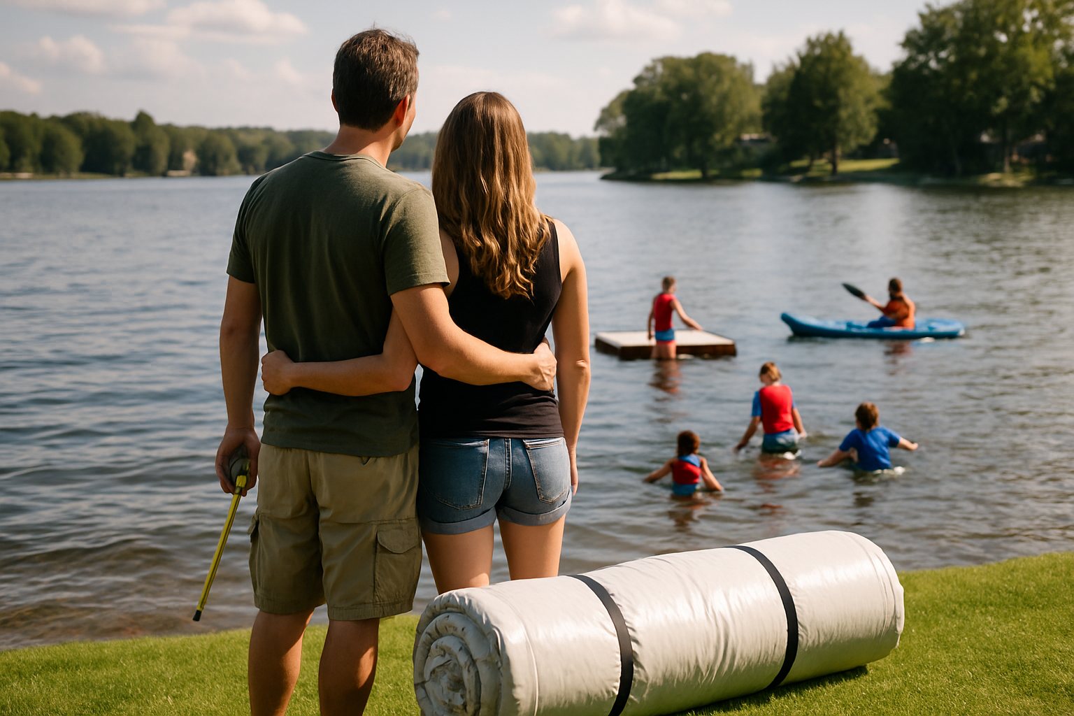 A couple standing on their lakefront deciding where to place a floating dock