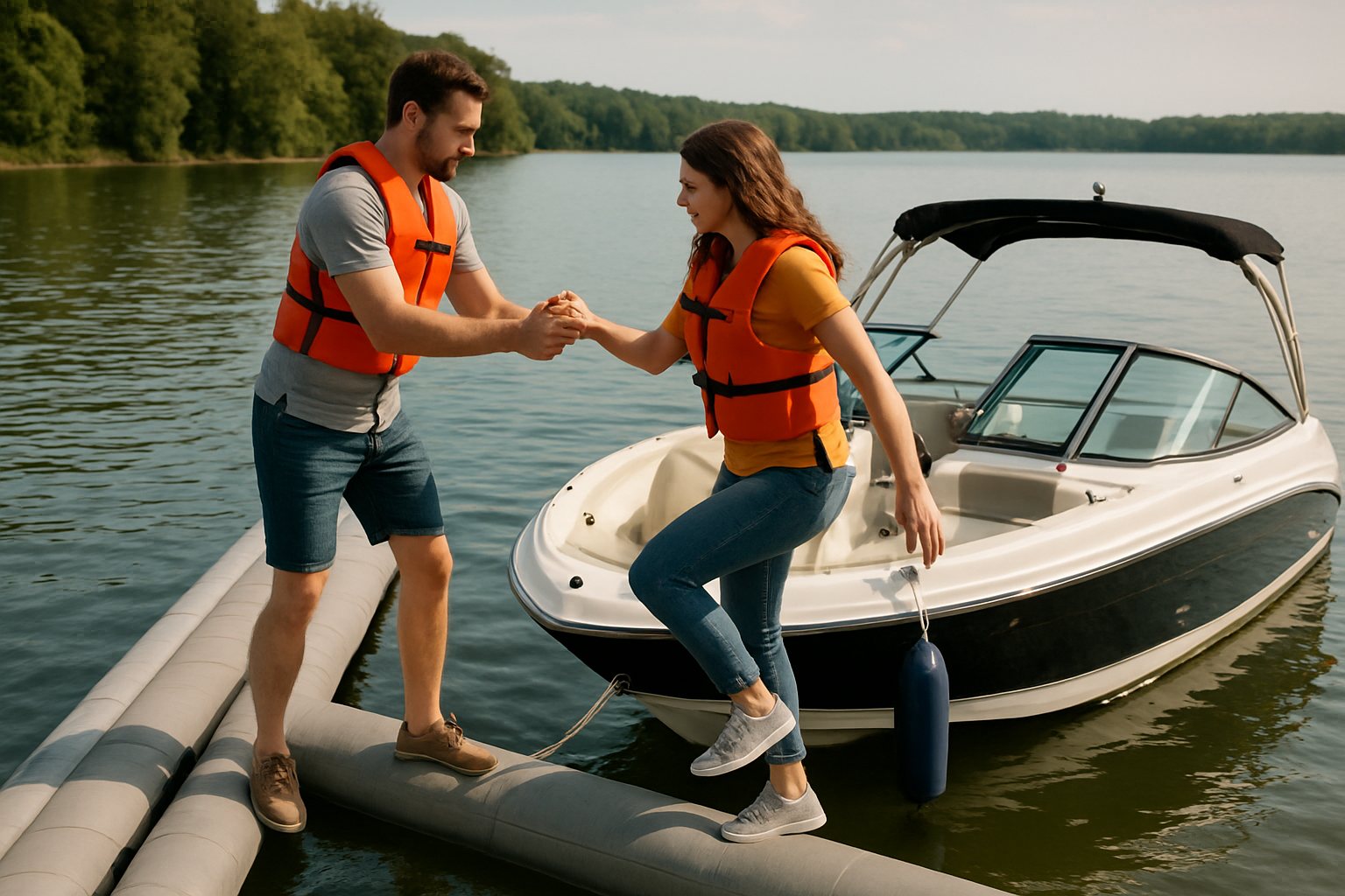 A couple stepping from an inflatable boat dock onto their motorboat