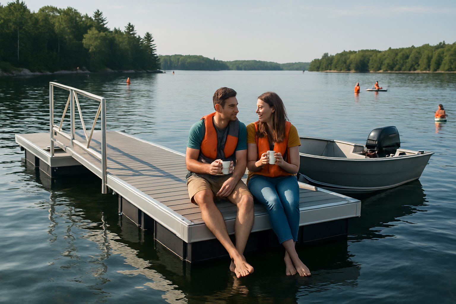 An aluminum-frame floating dock with composite decking on a calm lake
