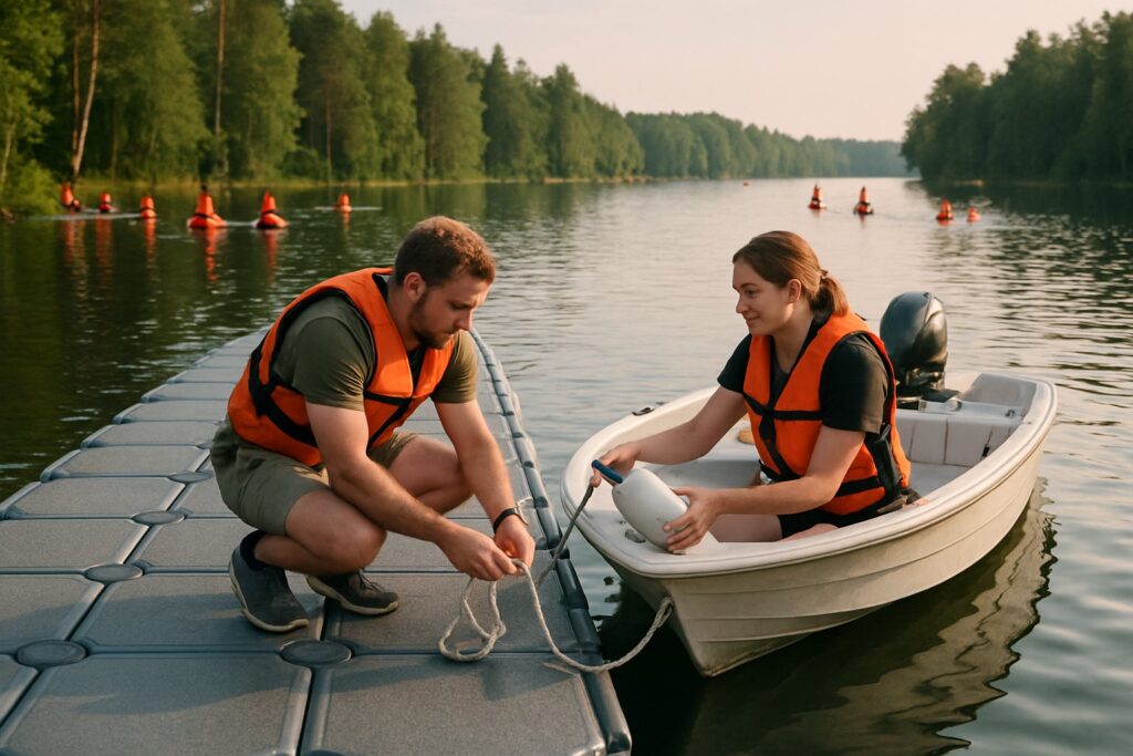 Man tying a motorboat's bow line to an inflatable boat dock on a lake