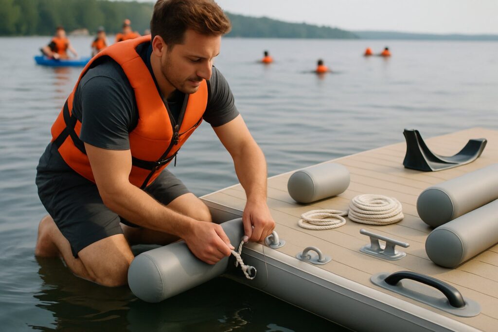 Man fitting fenders and mooring lines to an inflatable dock