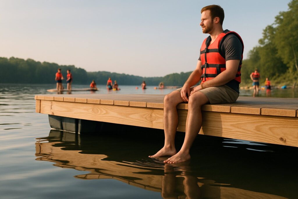 Side view of a floating dock at the waterline showing the black floats and the deck height above water