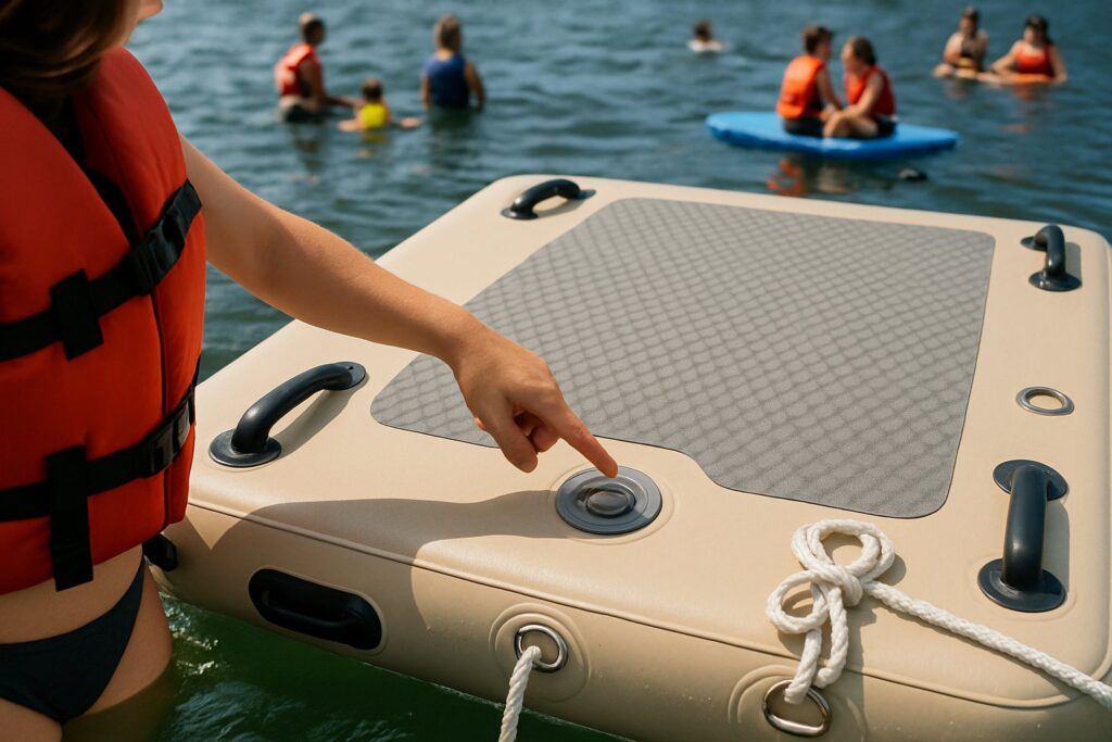 Close view of an inflatable dock valve, handles and D-rings