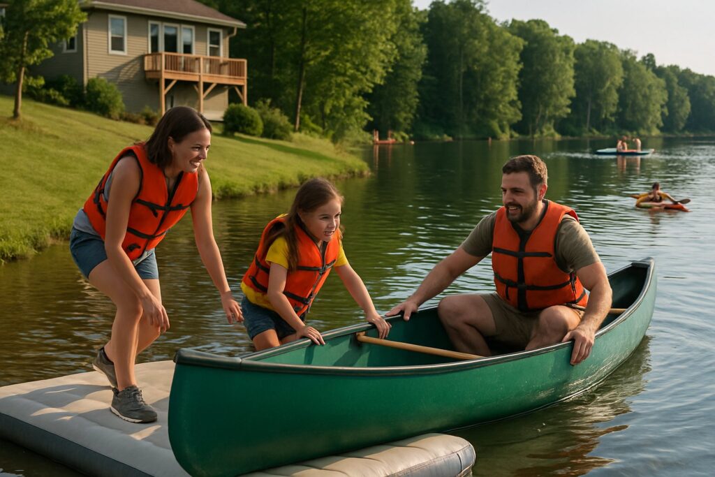 Family launching a canoe from an inflatable dock at their lake house