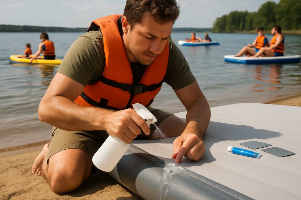 Man spraying soapy water on an inflatable dock seam to find a leak