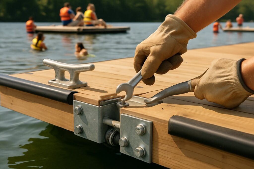 Close view of galvanized corner brackets and a cleat joining two floating dock sections