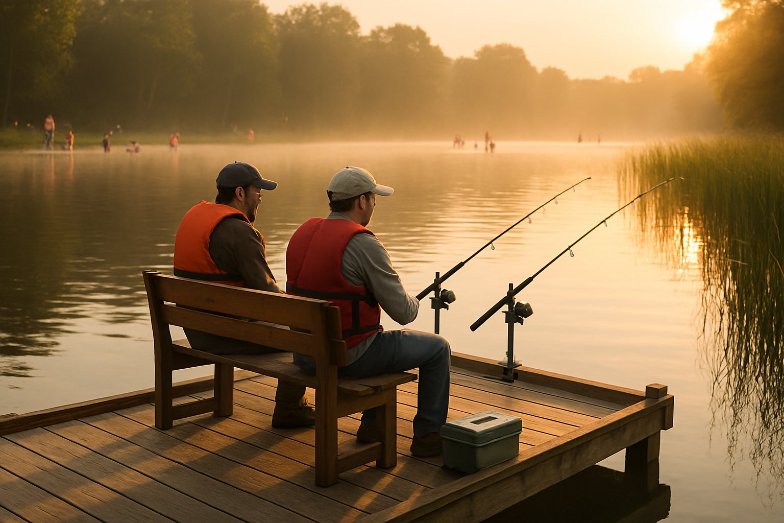 Two anglers fishing from a floating dock with rod holders at sunrise on a pond
