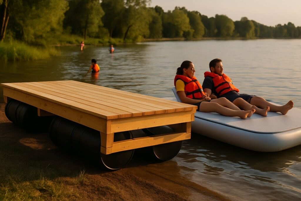Homemade wooden dock on barrel floats beside an inflatable dock