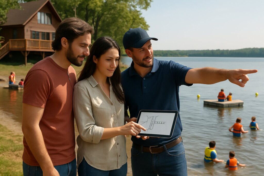Homeowners and a dock dealer planning a floating dock layout at the shoreline