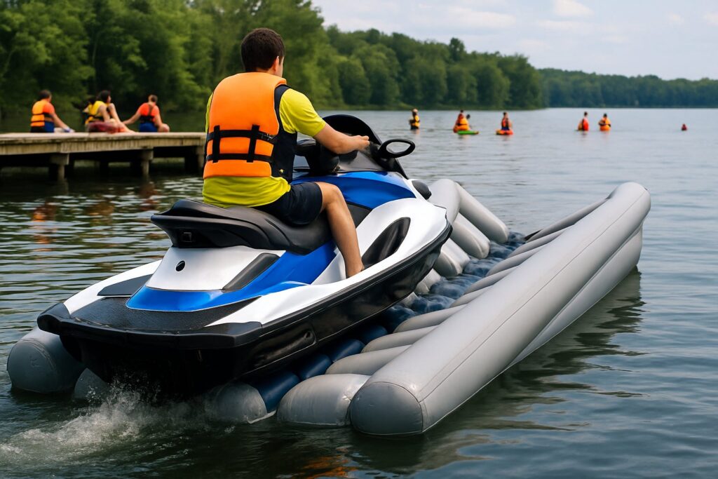 Rider driving a jet ski up onto an inflatable drive-on dock at a lake