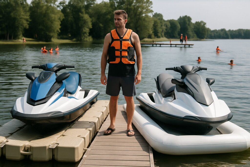 Rigid drive-on jet ski port next to an inflatable jet ski dock
