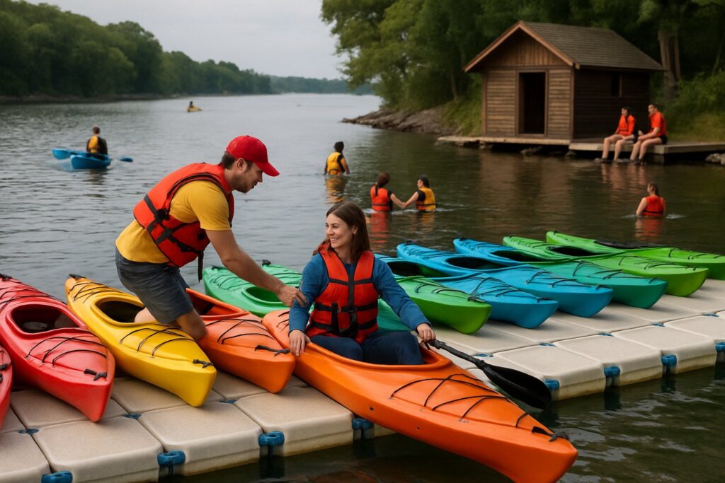 Kayak rental business using an inflatable dock with kayaks lined up