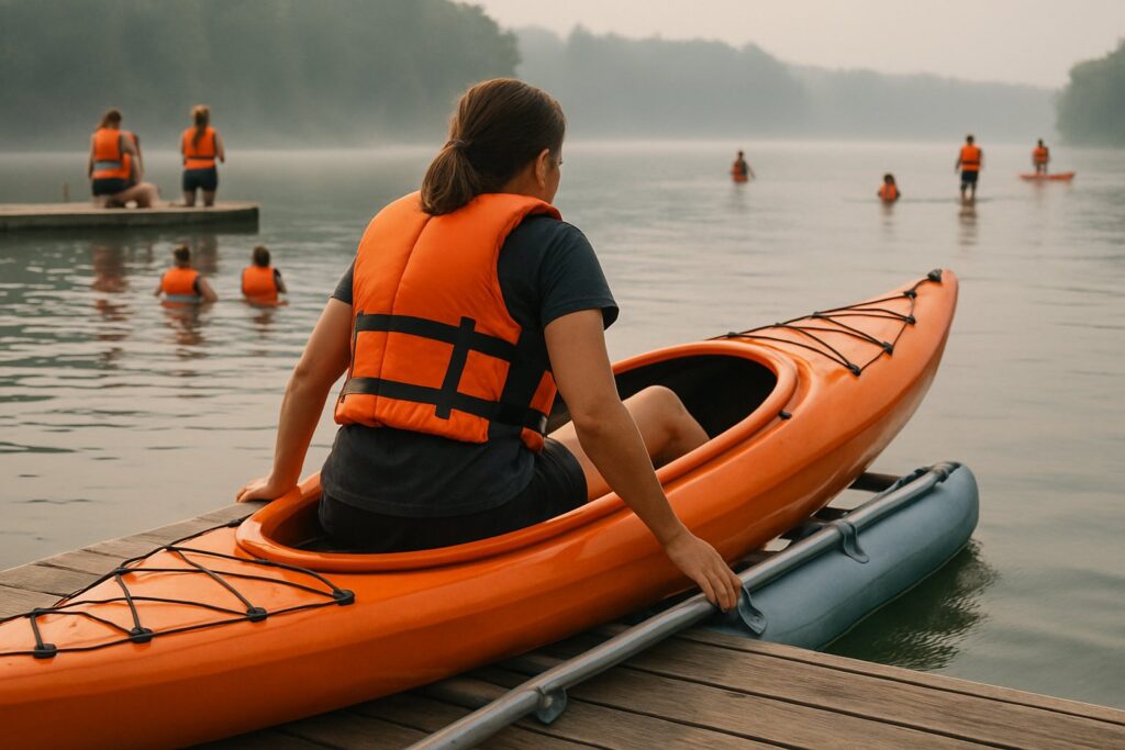 Woman sliding a kayak into the rails of an inflatable kayak launch