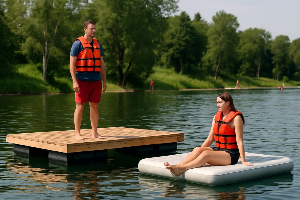 Assembled floating dock kit and an inflatable dock seen from the water
