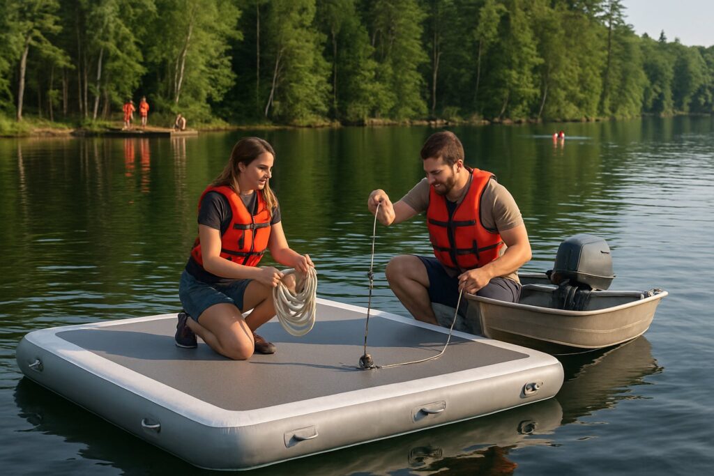 A couple anchoring a grey inflatable dock off a lake shore from a small boat