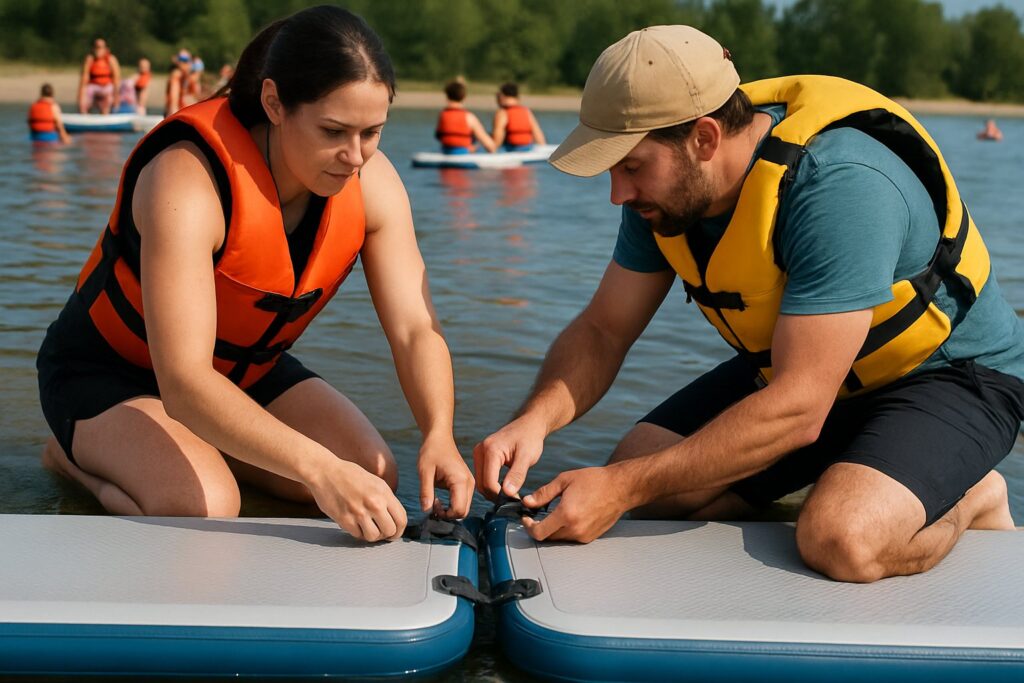 Two people in life jackets clipping two inflatable dock sections together