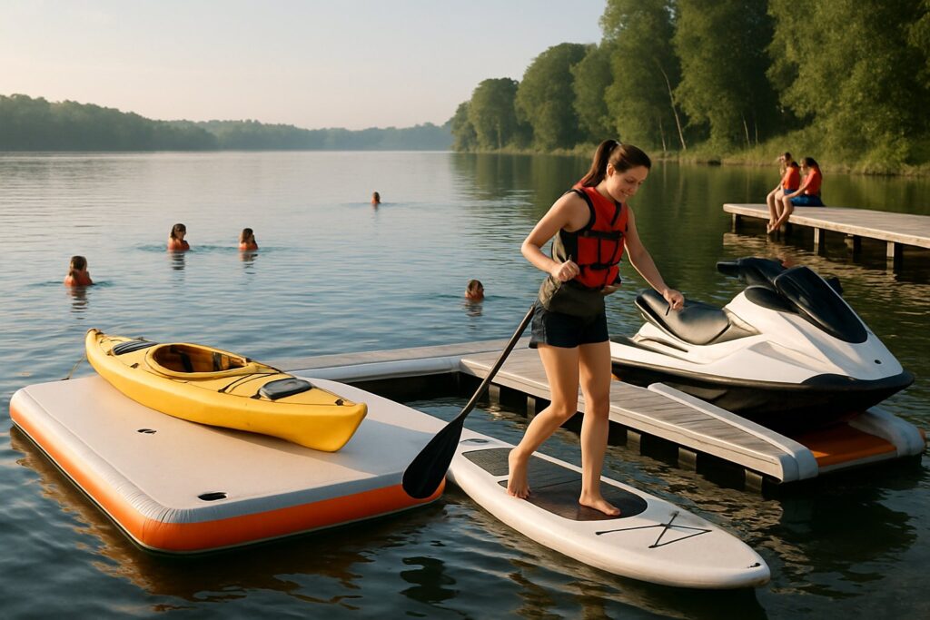 Inflatable launch platform with a kayak, paddle board and jet ski