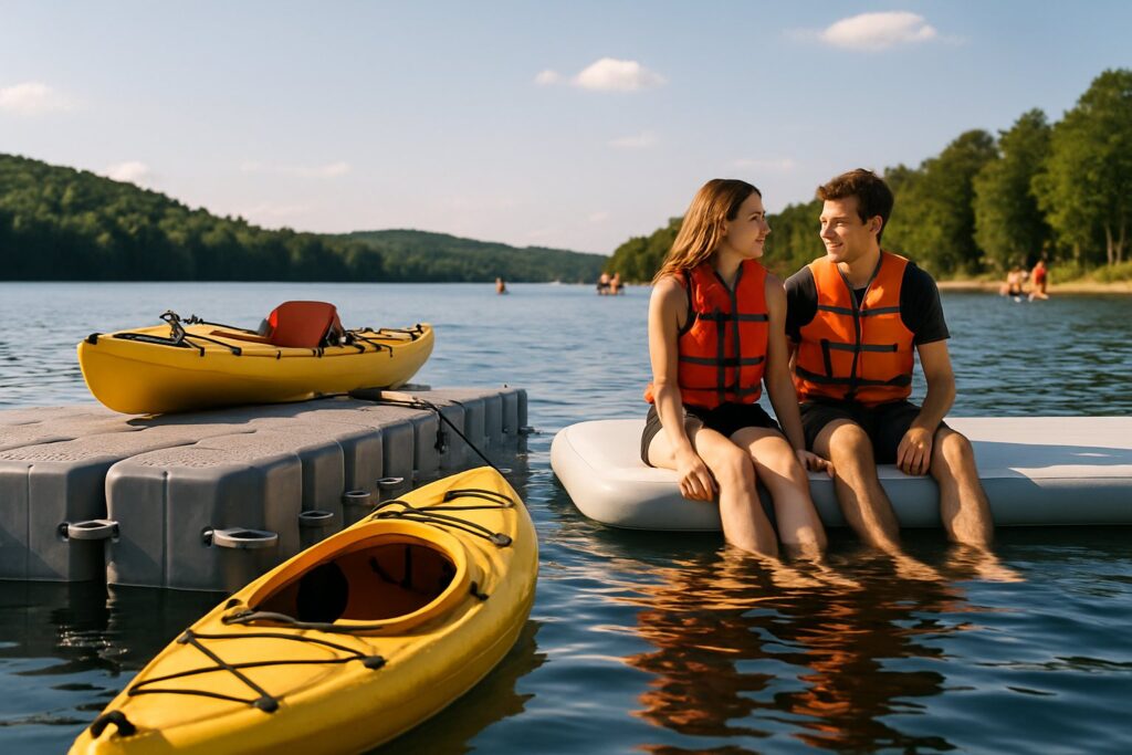 Modular plastic cube dock next to an inflatable dock on a lake
