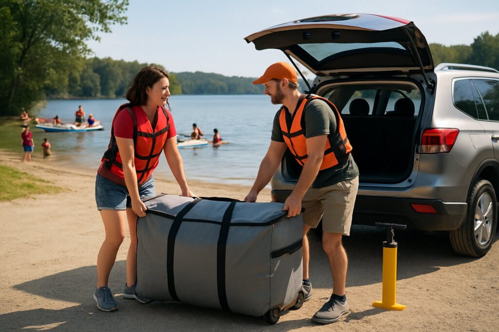 Couple unloading a packed inflatable dock from their car at a lake