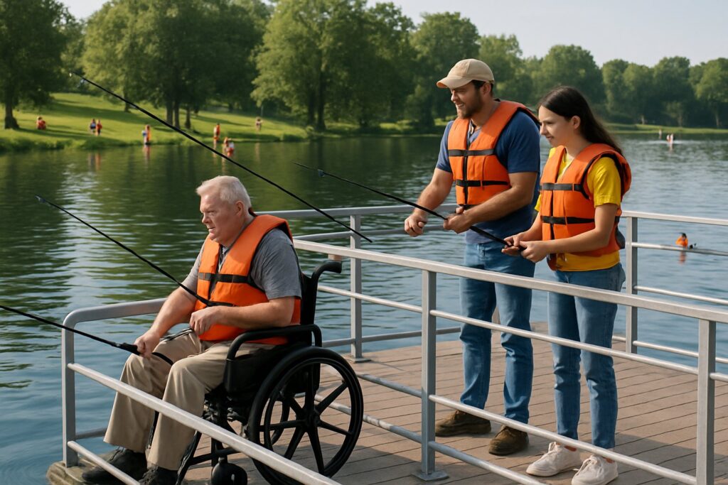 A family fishing from a railed public floating fishing pier on a lake