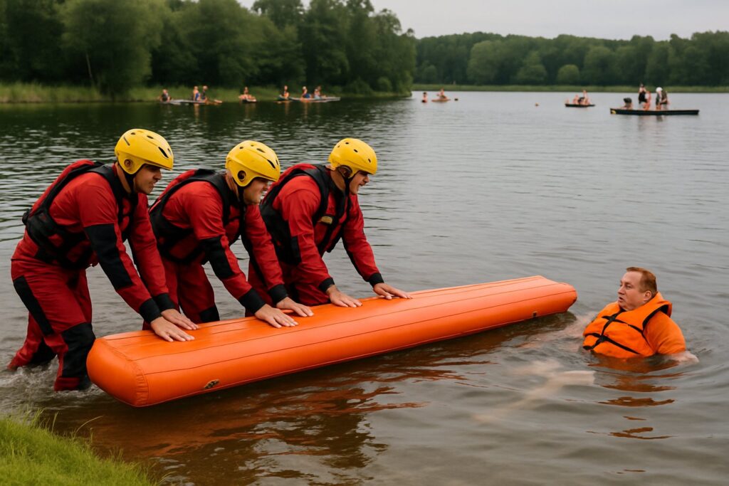 Rescuers in dry suits extending an inflatable rescue walkway to a swimmer during a summer drill