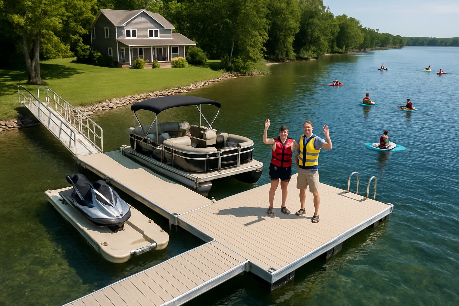A residential floating dock system with gangway, boat slip and swim area in front of a lake house