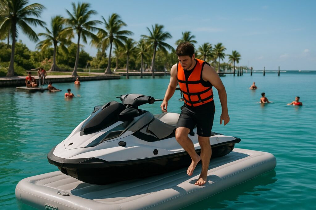 Rider stepping off a jet ski parked on an inflatable dock at a tropical marina
