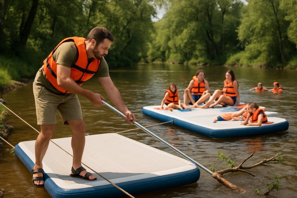Man clearing a floating branch from an inflatable dock on a river