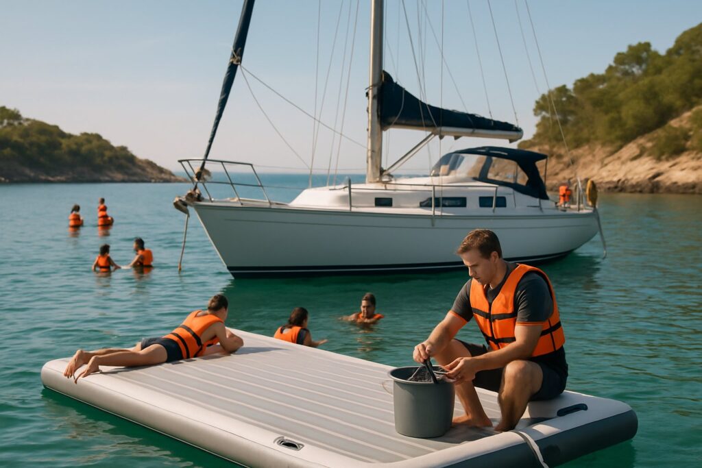 Sailboat owner rinsing snorkel gear on an inflatable dock tied alongside