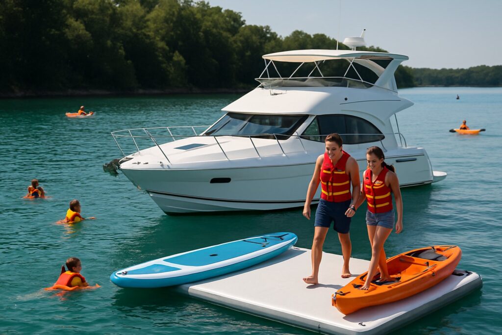 A couple stepping from a motor yacht onto an inflatable dock at anchor