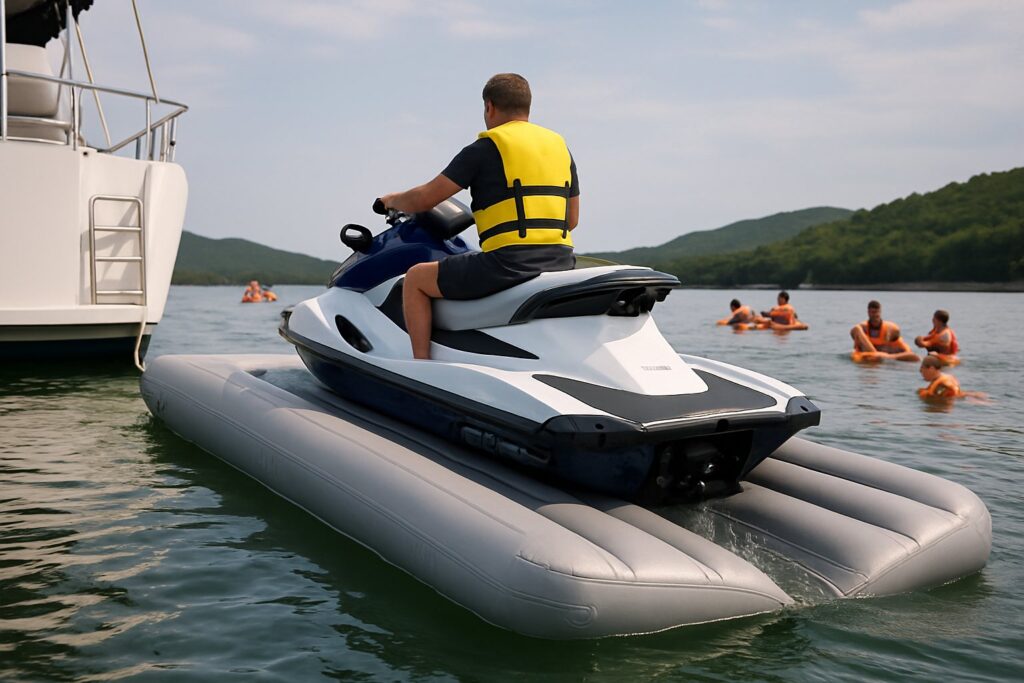 A rider driving a jet ski up onto an inflatable drive-on jet ski dock