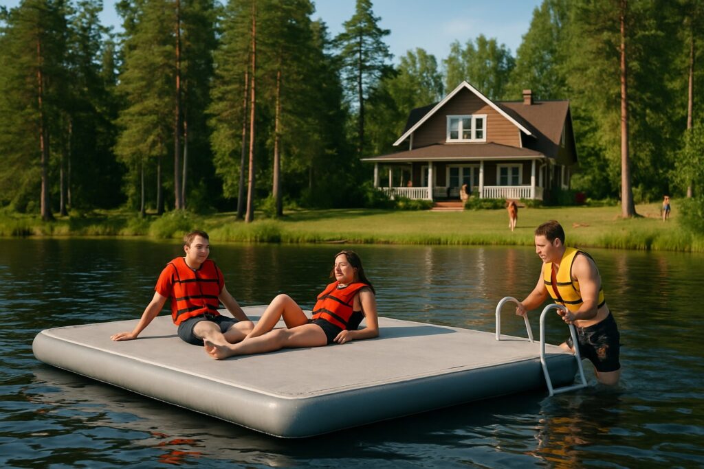 Friends on an inflatable swim dock anchored in front of a lake house