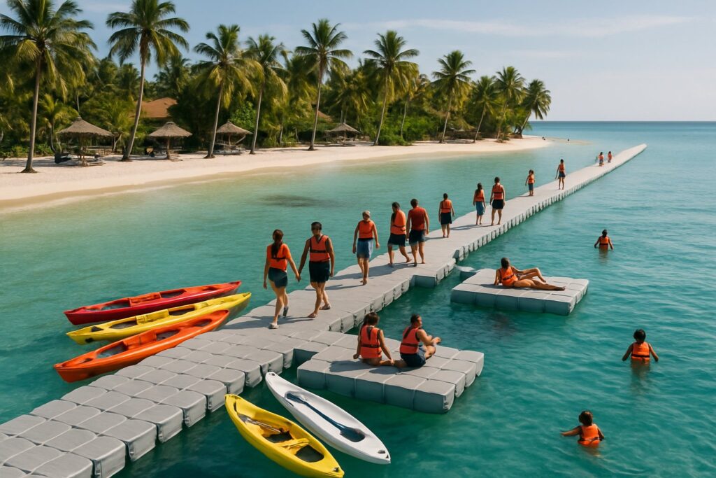 A long modular inflatable dock system at a resort beach with guests and kayaks