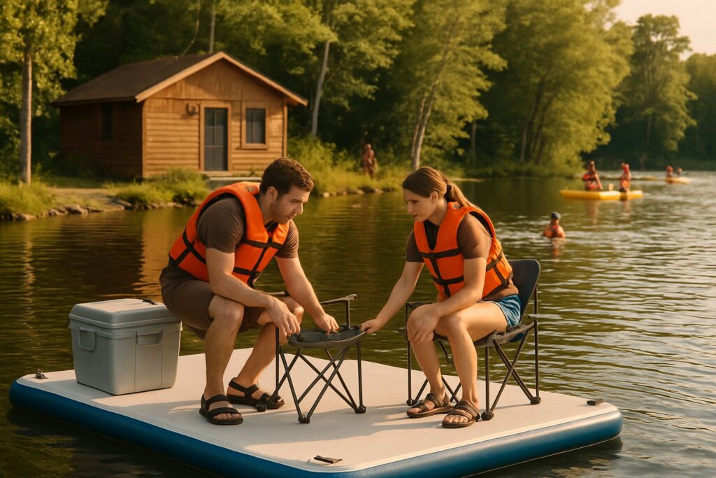 Couple setting up chairs on a small inflatable dock by a lake cabin
