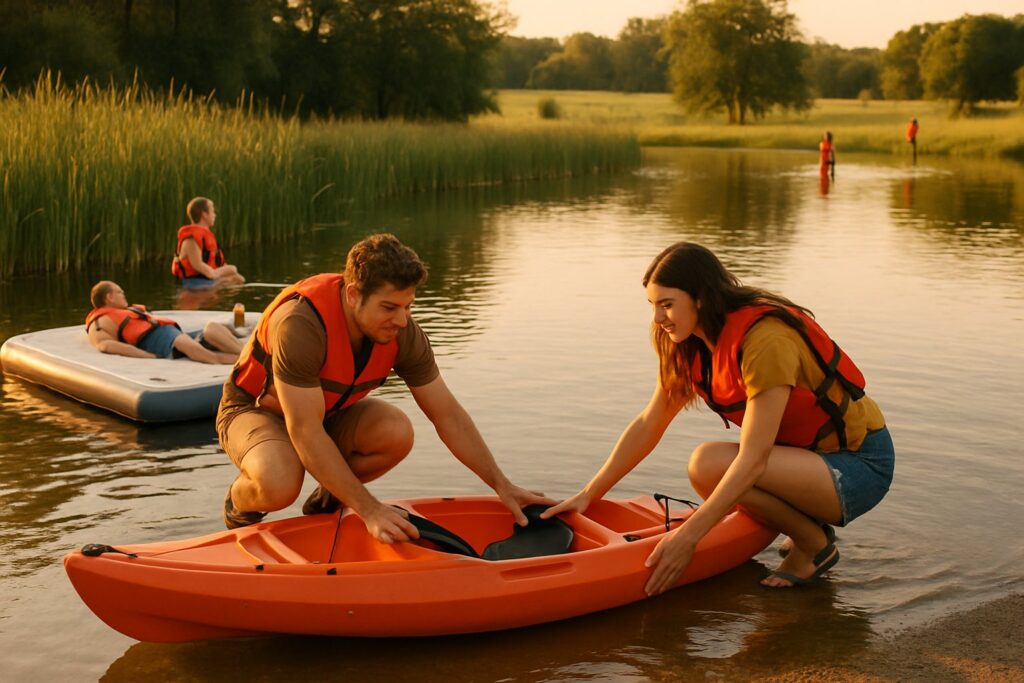 Small inflatable dock on a farm pond with a couple launching a kayak