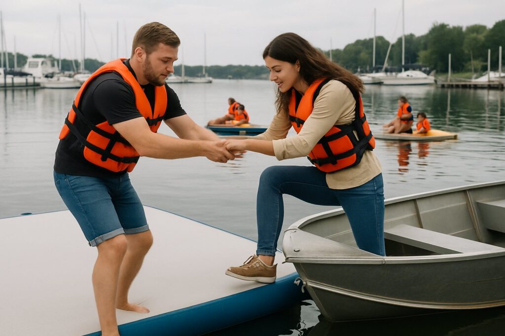 Man helping a woman step from an inflatable boarding platform onto a fishing boat