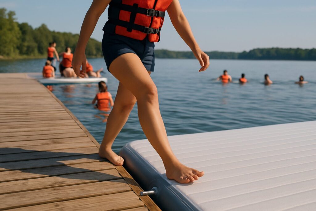 Woman stepping from a wooden dock onto an adjoining inflatable dock