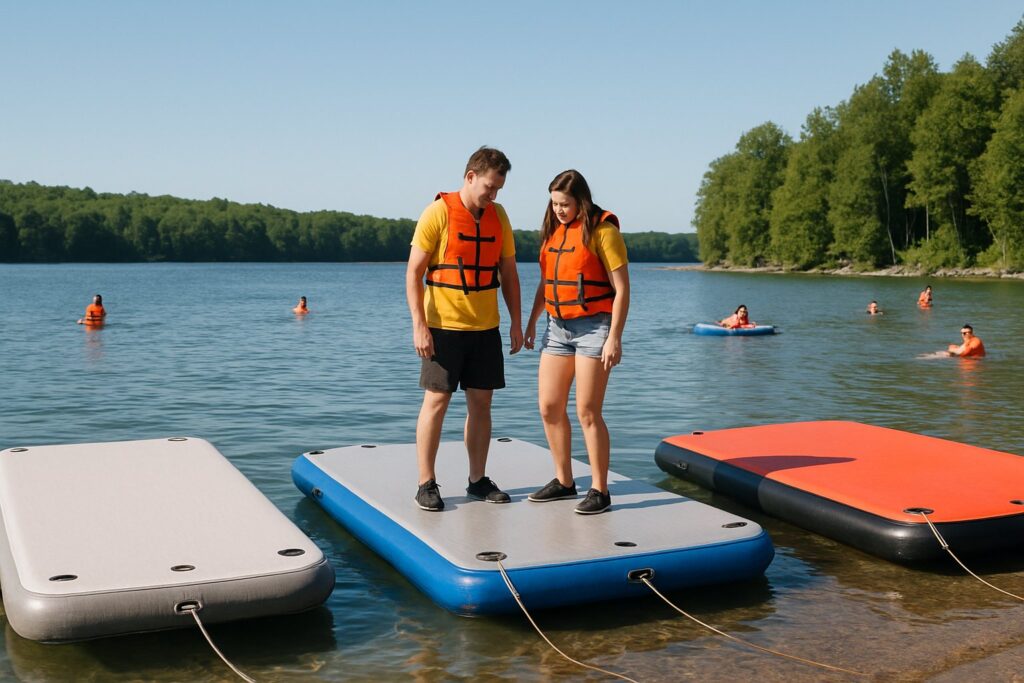 Three different inflatable docks moored along a lake shore