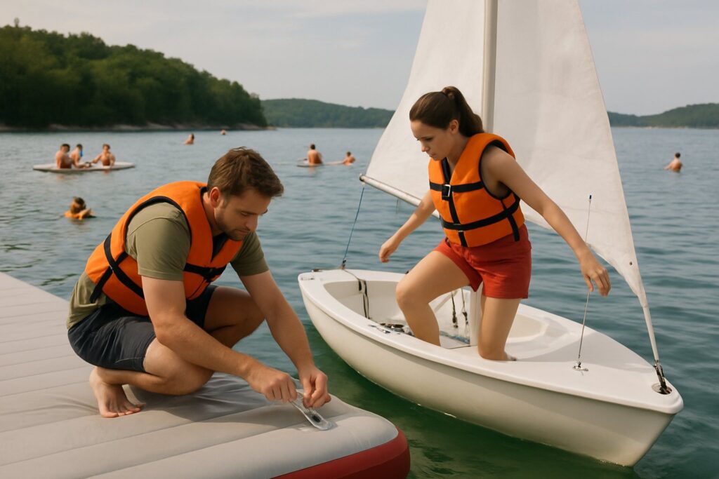 Man tying a small sailing dinghy to an inflatable dock