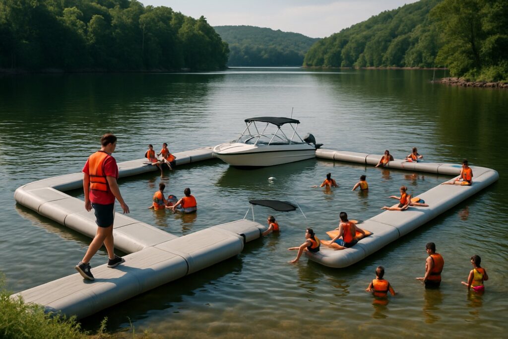 U-shaped inflatable dock layout forming a slip around a small boat