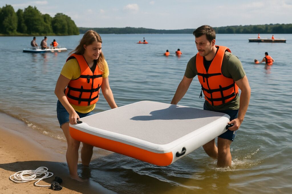 Two people guiding a freshly inflated dock into shallow water