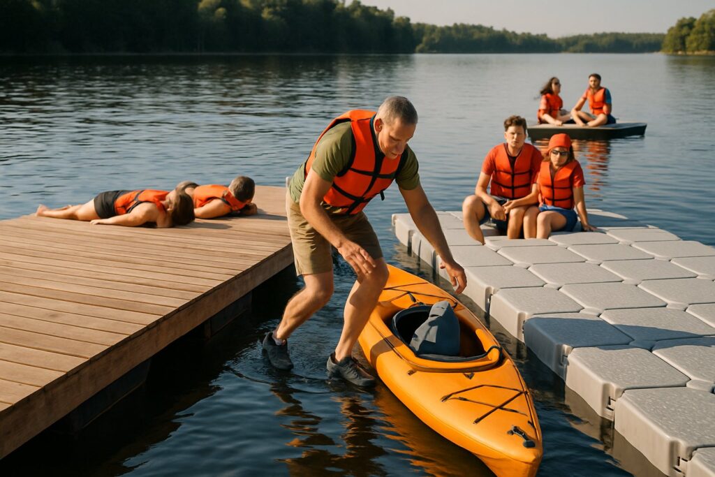 A wooden floating dock beside a grey plastic modular floating dock at a lake shore