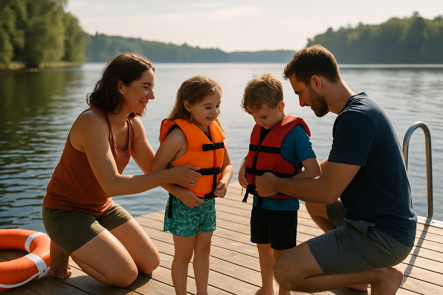 Parents helping kids put on life jackets on a lake dock before swimming