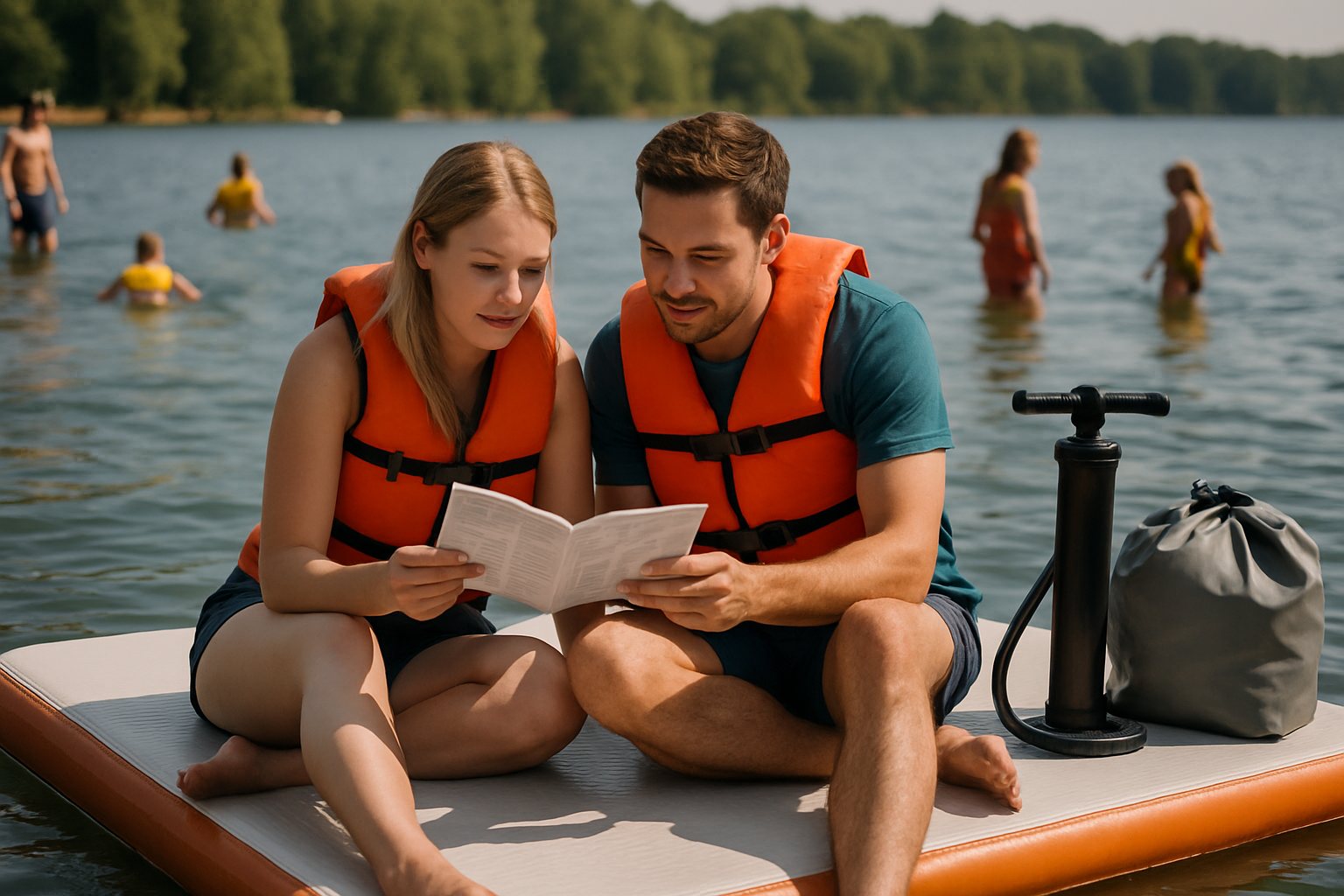 Couple reading the inflatable dock manual