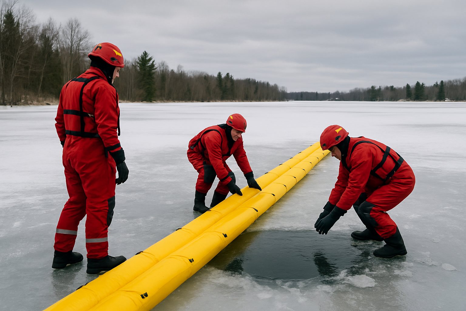 Firefighters using an inflatable rescue walkway on a frozen lake during training