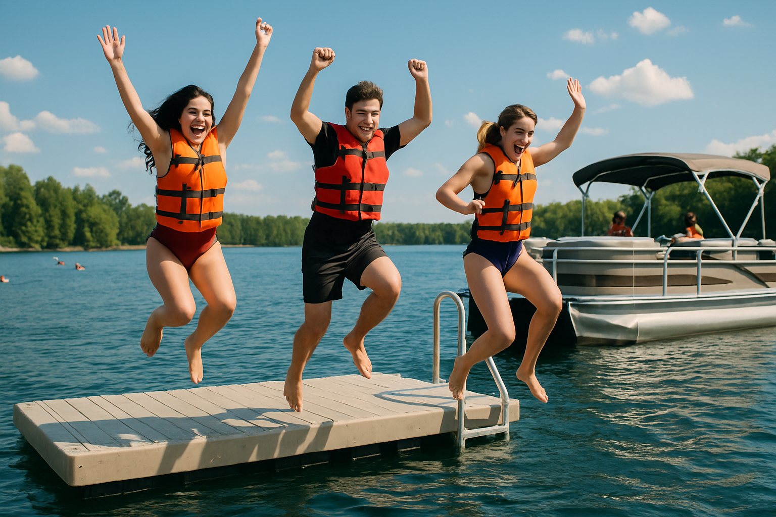 Friends in their twenties jumping off a floating dock into the lake
