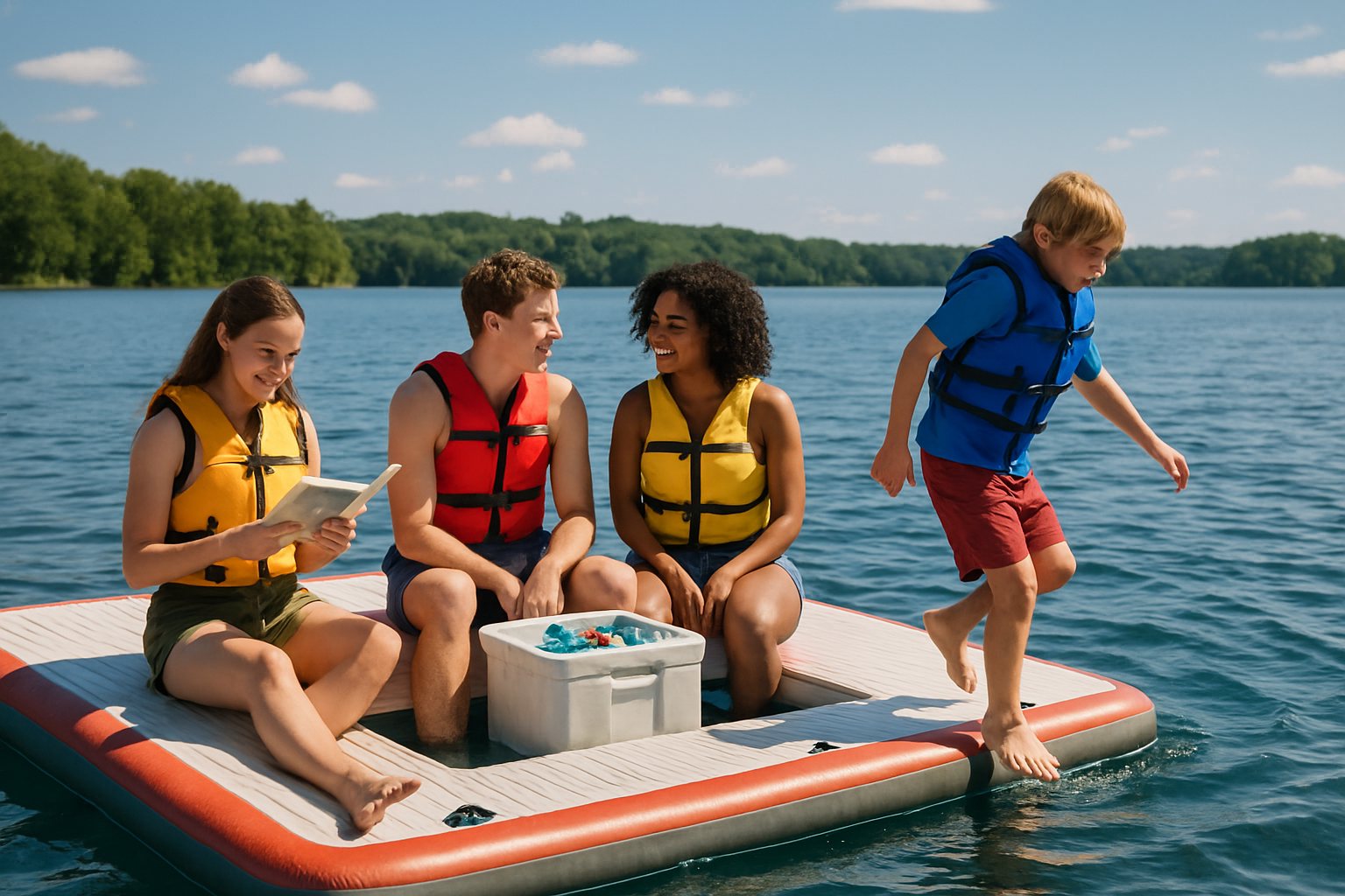 Friends relaxing on an inflatable dock on a sunny lake
